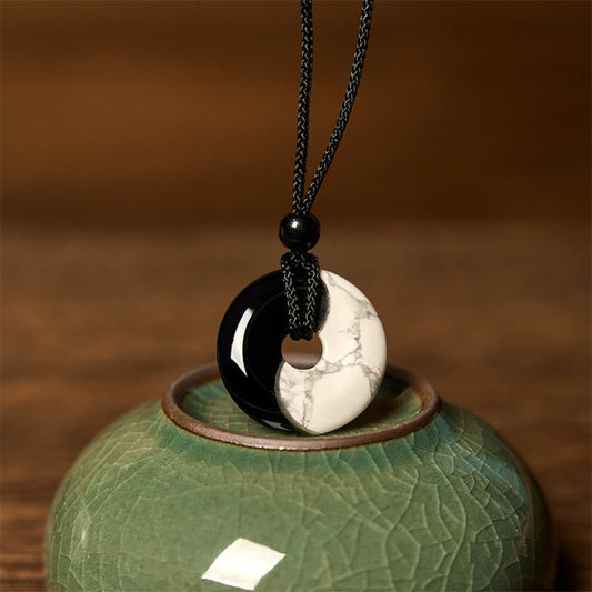 Obsidian White Turquoise Yin Yang Peace Buckle Necklace - Circular bi disc yin-yang pendant with polished black onyx and w...
