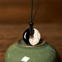 Obsidian White Turquoise Yin Yang Peace Buckle Necklace - Circular bi disc yin-yang pendant with polished black onyx and w...