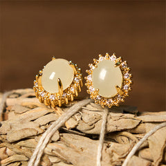 Hetian Jade Copper Earrings - oval jade studs on dried vine with golden halo, earthy elegance