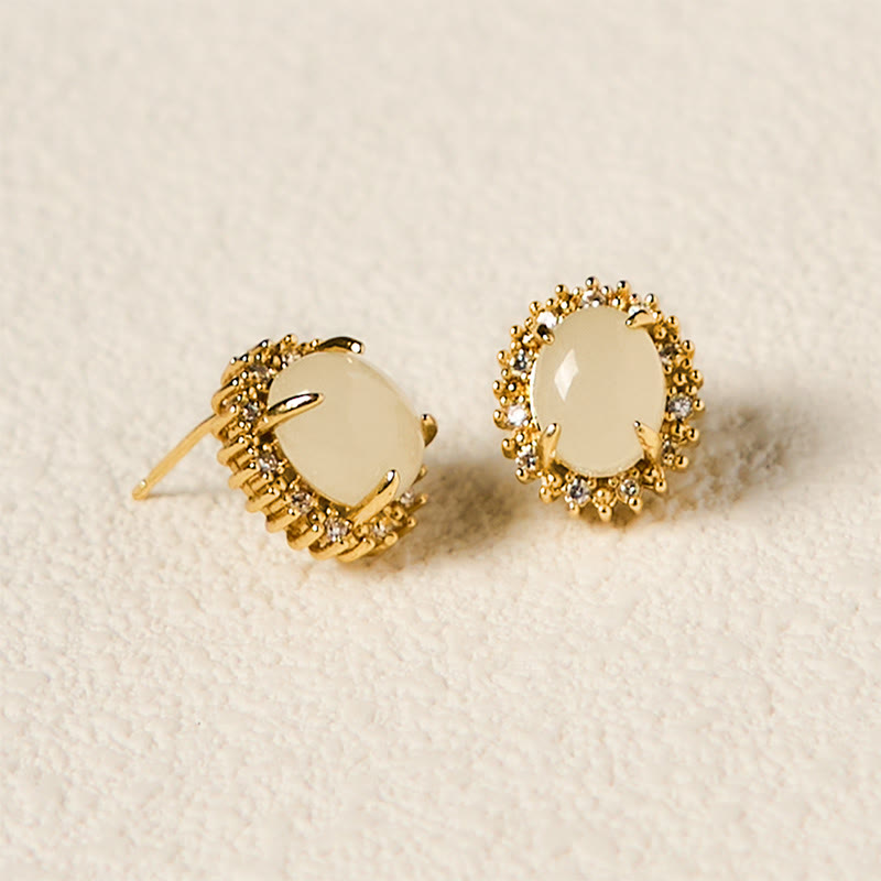 Hetian Jade Copper Earrings - front and side view on cream linen, halo sparkle, classic elegance