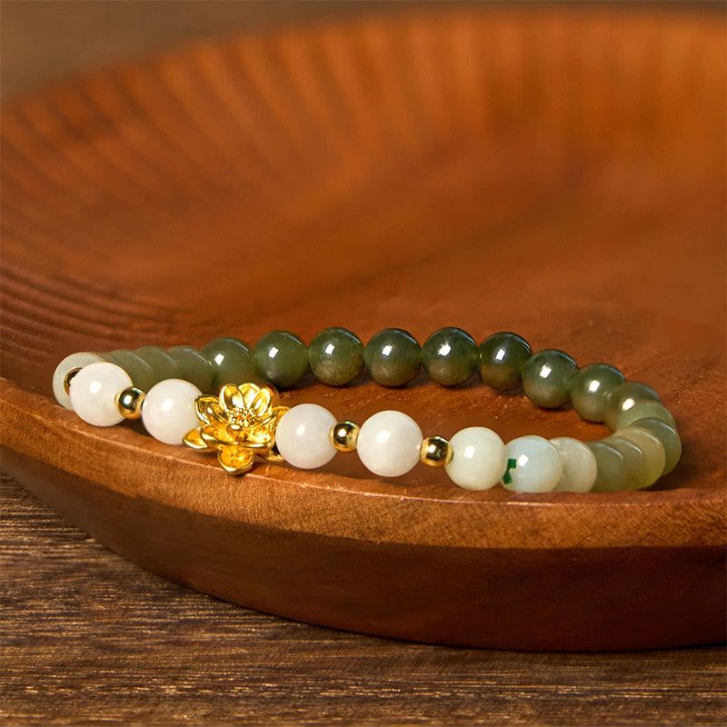 Hetian Jade Gradient Lotus Bracelet – jade beads on dark reddish bowl, lotus charm close-up, Prosperous