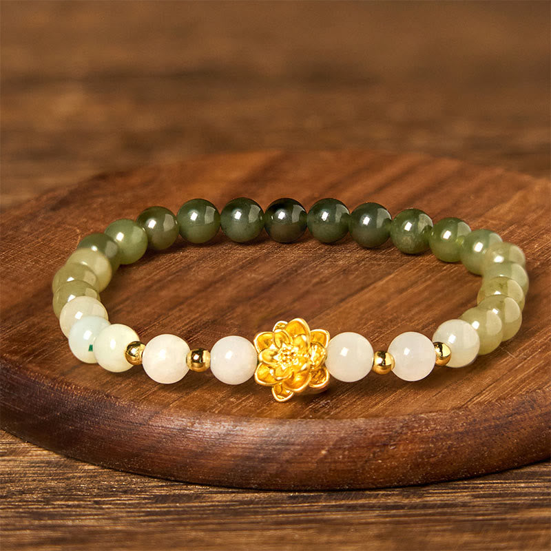 Natural Hetian Jade Gradient Lotus Bracelet – ombre green-white jade on dark wood with golden lotus, harmony