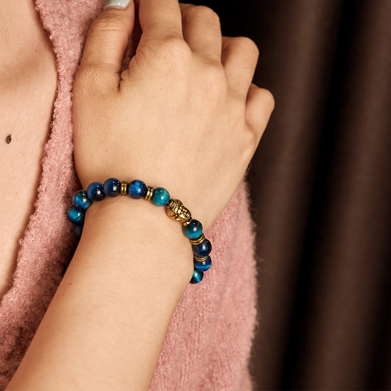 Blue Green Red Tiger Eye Buddha Bracelet – Buddha charm centered on band, antique bronze finish detail