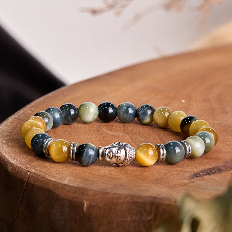 Blue Tiger Eye Buddha Bracelet – in water droplets, cleansing energy visual concept