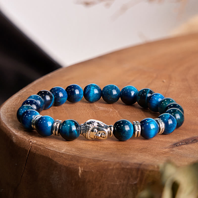 Blue Green Red Tiger Eye Buddha Bracelet – Two bracelets twisted together, friendship pairing concept