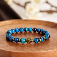Green Tiger Eye Buddha Bracelet – forest green chatoyant beads with gold Buddha charm