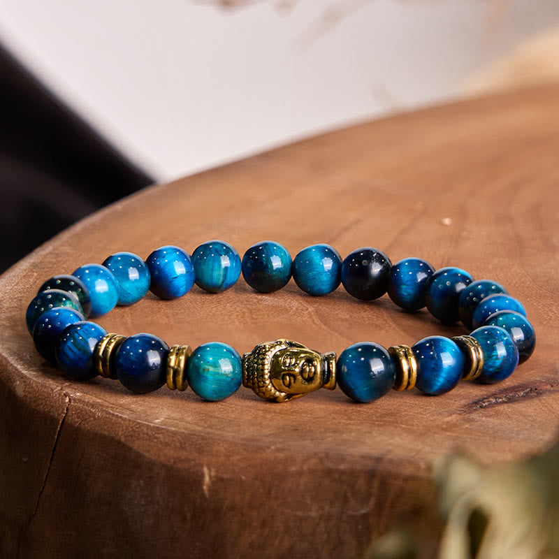 Blue Tiger Eye Buddha Bracelet – deep blue tiger eye beads with Buddha, calming jewelry