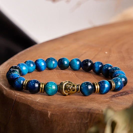 Blue Tiger Eye Buddha Bracelet – deep blue tiger eye beads with Buddha, calming jewelry