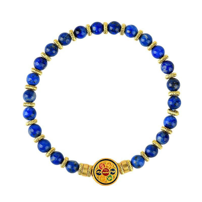 Lapis Lazuli Bracelet – full circular view on pure white with gold spacers and colorful mandala charm, balance