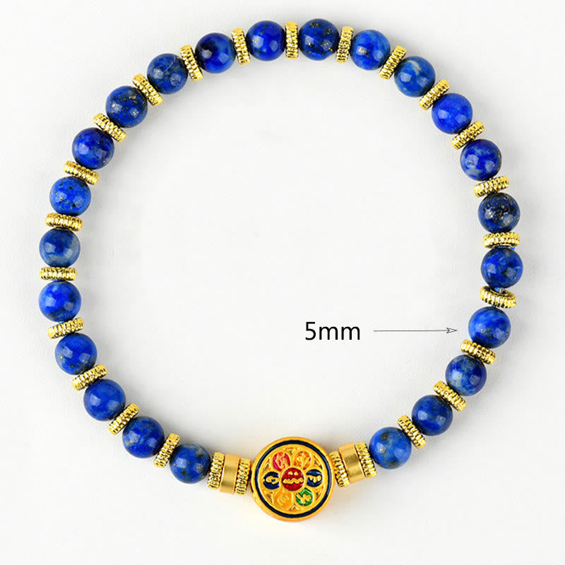 Lapis Lazuli Bracelet – flat lay on white with 5mm size marking and six color mantra medallion, balance