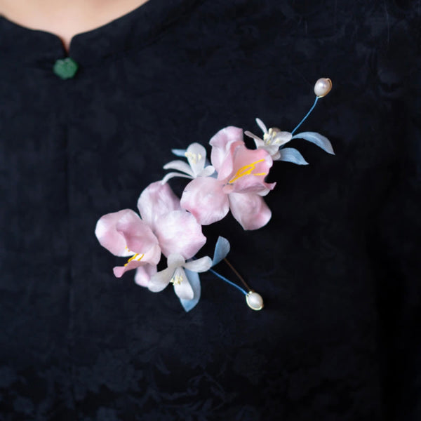 Pink Iris Silk Brooch Hairpin – Brooch, front view