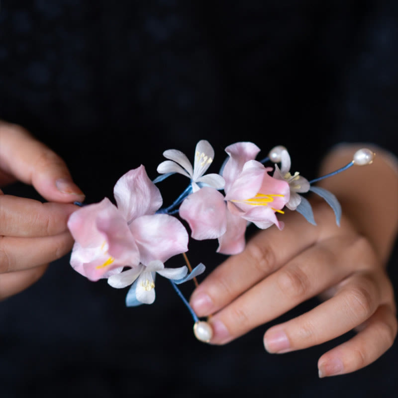 Pink Iris Silk Brooch Hairpin, lifestyle shot