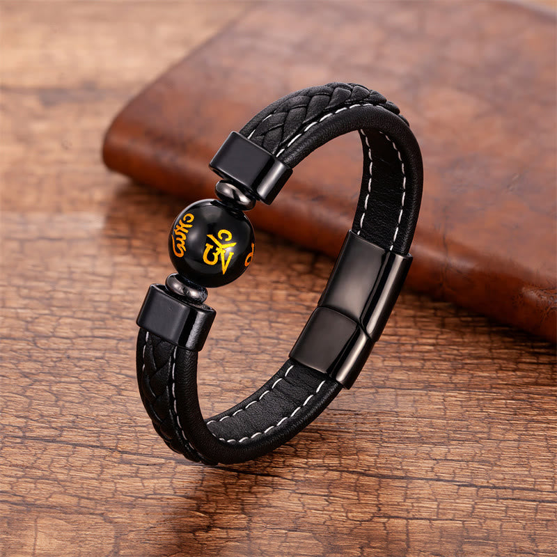 Mantra Leather Bracelet - Gold Sanskrit mantra bead on black leather band, mens spiritual jewelry
