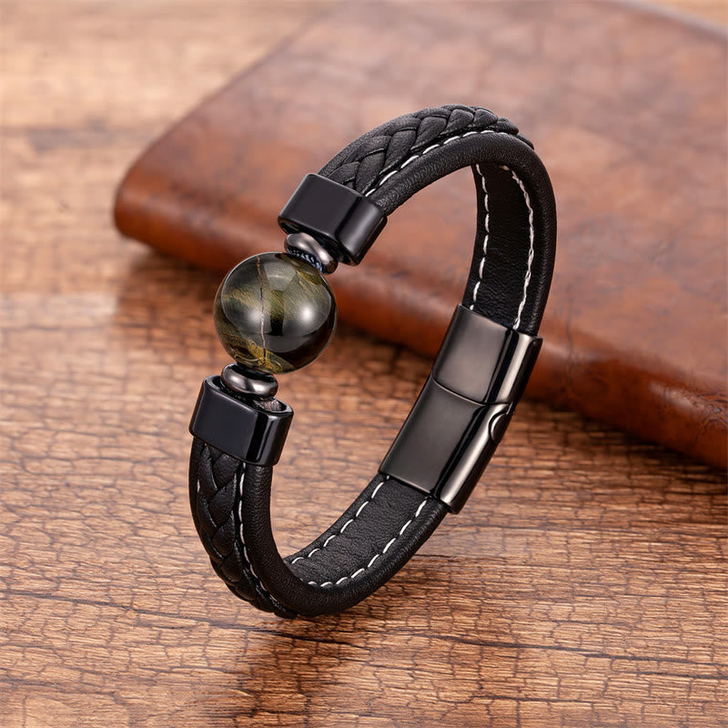 Mantra Leather Bracelet - Golden brown tiger eye stone on braided leather with white stitching, tiger eye jewelry