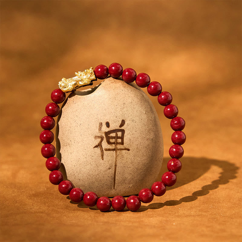 Natural Cinnabar Beads PiXiu Blessing Bracelet – red beads with gold PiXiu around zen stone with Chinese character, zen