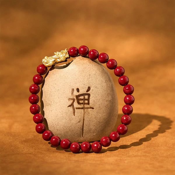 Natural Cinnabar Beads PiXiu Blessing Bracelet – red beads with gold PiXiu around zen stone with Chinese character, zen