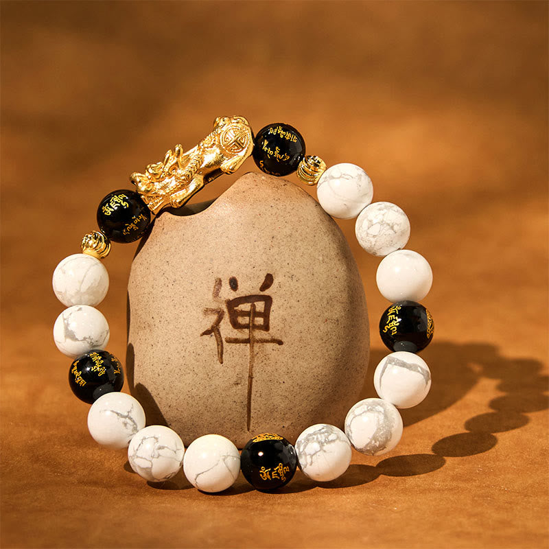 Vintage White Turquoise Black Onyx PiXiu Blessing Bracelet – white and black beads with gold PiXiu around zen stone, vintage