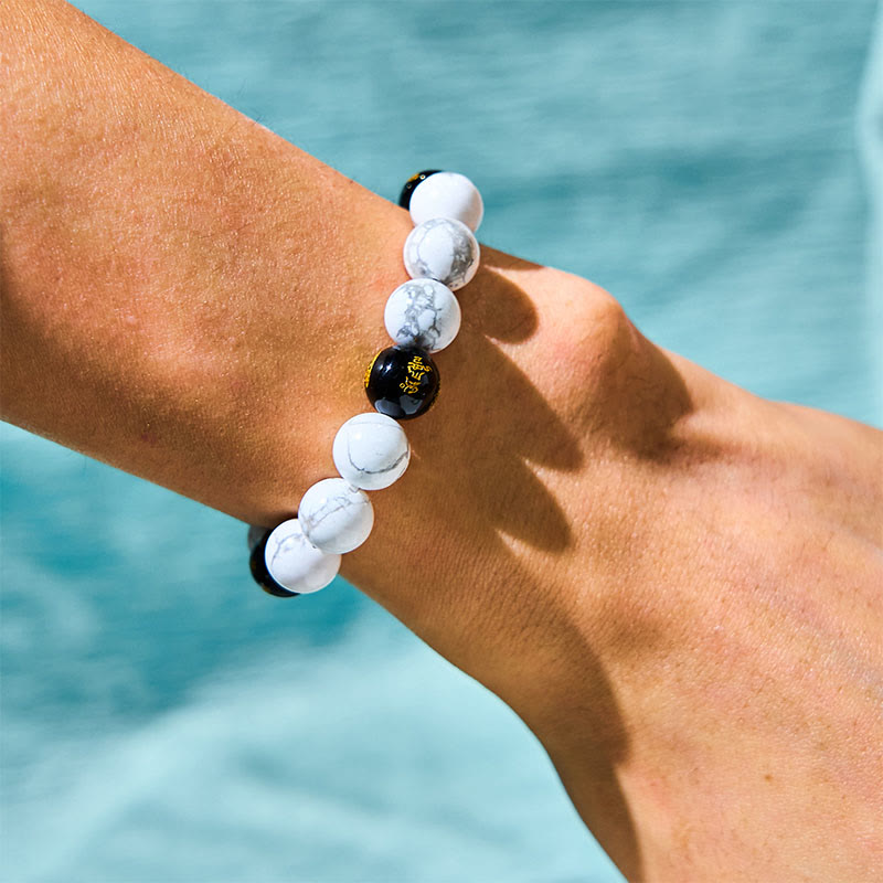 Vintage White Turquoise Black Onyx PiXiu Blessing Bracelet – side wrist view with white turquoise and black onyx beads, luck