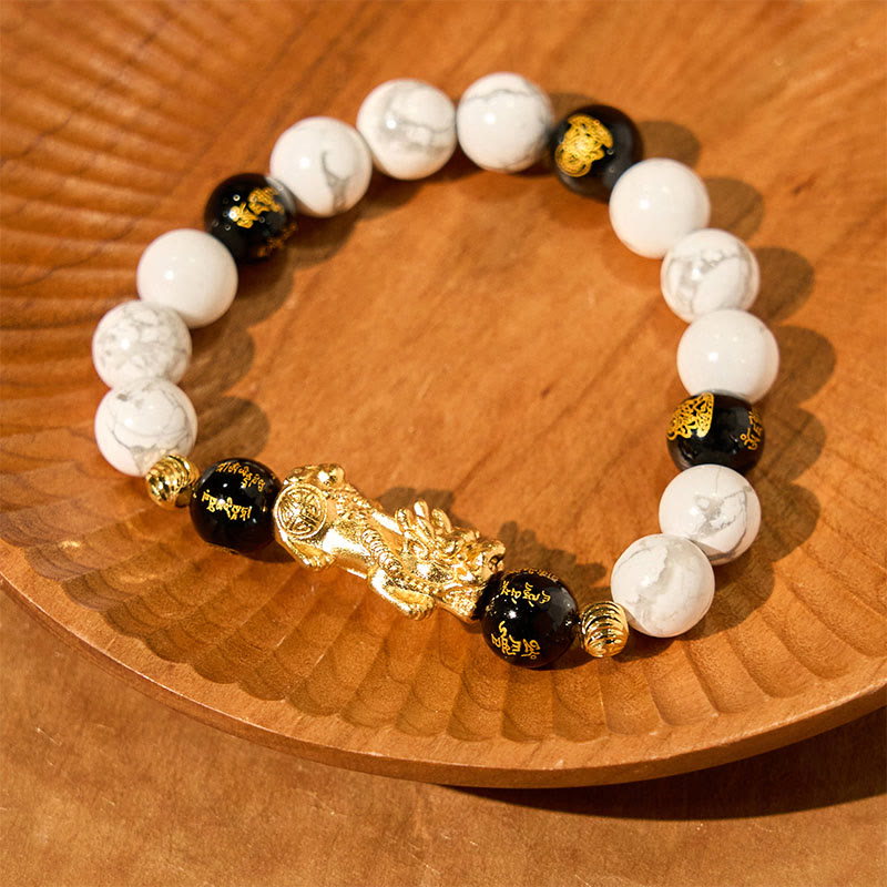 Vintage White Turquoise Black Onyx PiXiu Blessing Bracelet – white and black beads with gold PiXiu on carved wooden plate