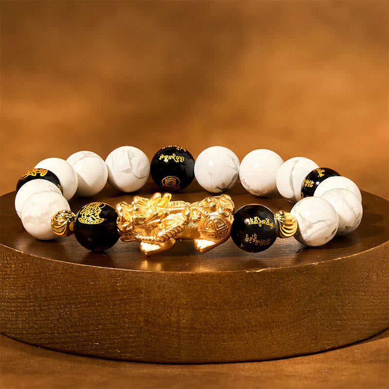 Vintage White Turquoise Black Onyx PiXiu Blessing Bracelet – gold PiXiu with white turquoise on round gold pedestal display