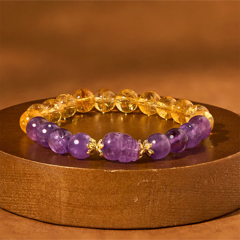 Citrine Amethyst PiXiu Prosperity Bracelet – amethyst and citrine beads with purple PiXiu on gold stand, spiritual wealth