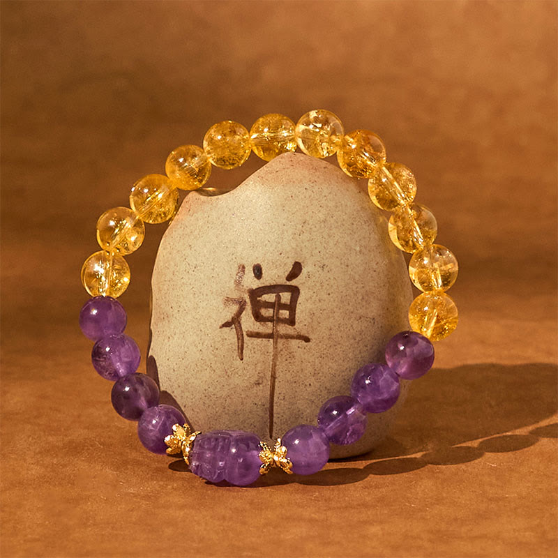 Citrine Amethyst PiXiu Prosperity Bracelet – citrine and amethyst beads with purple PiXiu around zen stone, feng shui