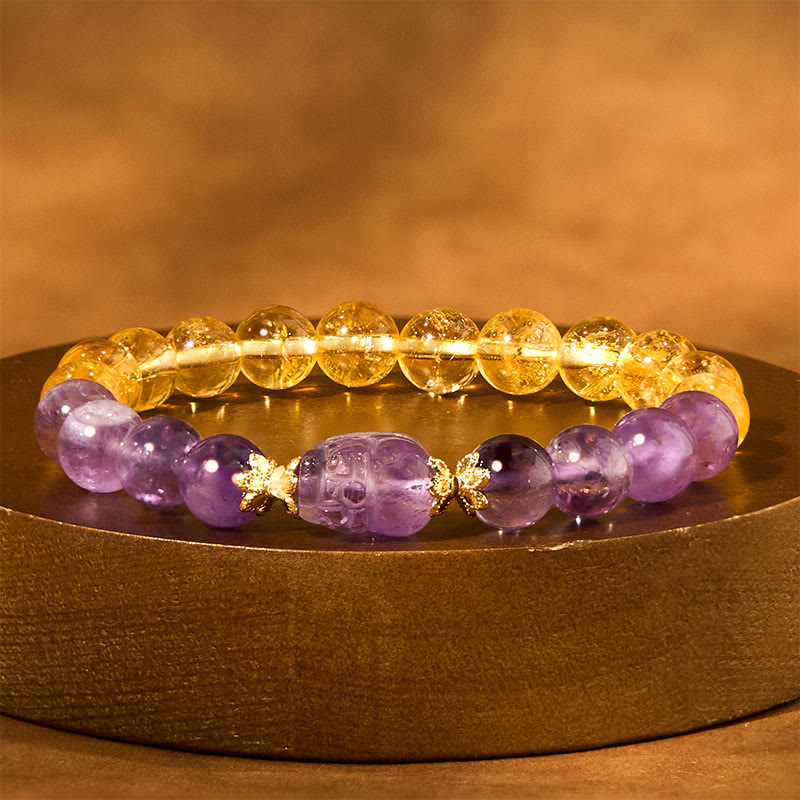Citrine Amethyst PiXiu Prosperity Bracelet – purple amethyst PiXiu with yellow citrine on round gold pedestal, abundance
