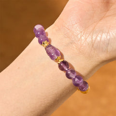 Citrine Amethyst PiXiu Prosperity Bracelet – closeup wrist with purple PiXiu and citrine beads on skin tone, wealth peace