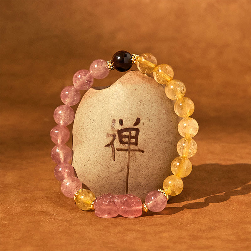 Strawberry Quartz PiXiu Rutilated Quartz Healing Bracelet – pink and gold beads with PiXiu around zen stone, love healing