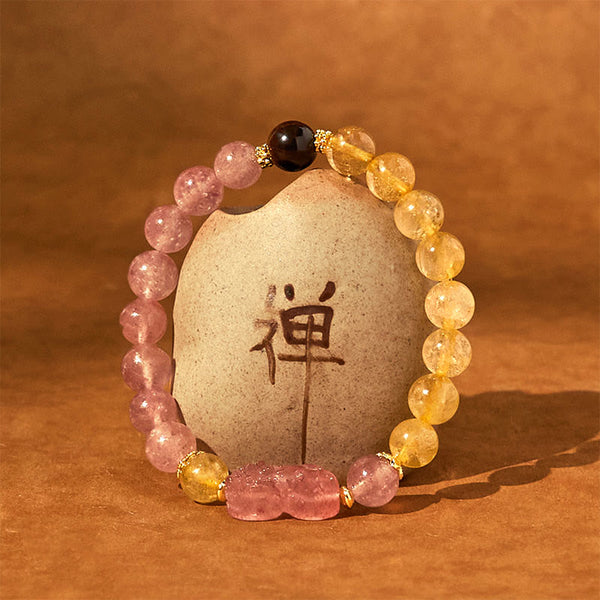 Strawberry Quartz PiXiu Rutilated Quartz Healing Bracelet – pink and gold beads with PiXiu around zen stone, love healing