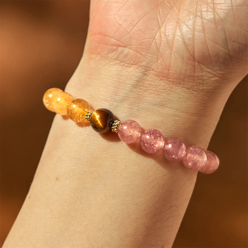 Strawberry Quartz PiXiu Rutilated Quartz Healing Bracelet – side wrist with rutile quartz and tiger eye bead, crystal healing