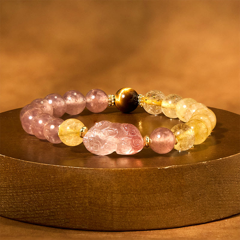 Strawberry Quartz PiXiu Rutilated Quartz Healing Bracelet – pink strawberry quartz PiXiu with golden rutile on gold pedestal