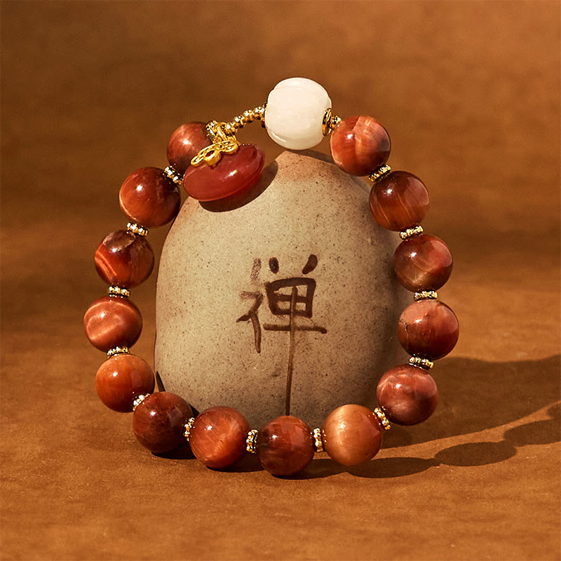 Red Tiger Eye Pumpkin Bracelet – Around zen stone with禅character, red tiger eye and pumpkin beads, meditation jewelry