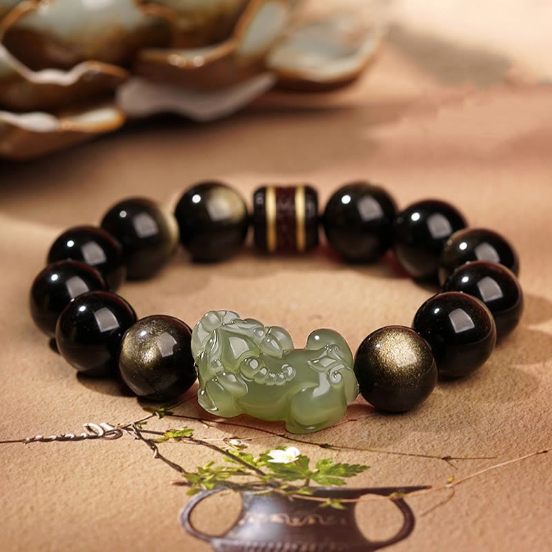 Gold Sheen Obsidian Hetian Jade PiXiu Wealth Bracelet – Black gold sheen obsidian with green jade PiXiu, luxury men's