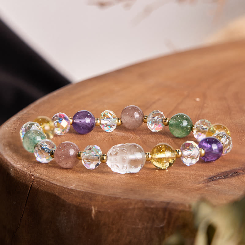 PiXiu White Crystal Citrine Bracelet – multi-color crystals white PiXiu wood slice luck jewelry