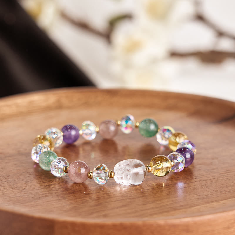 PiXiu White Crystal Citrine Bracelet – copper tray white flowers colorful gemstone beads feng shui
