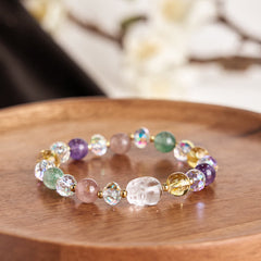 PiXiu White Crystal Citrine Bracelet – copper tray white flowers colorful gemstone beads feng shui