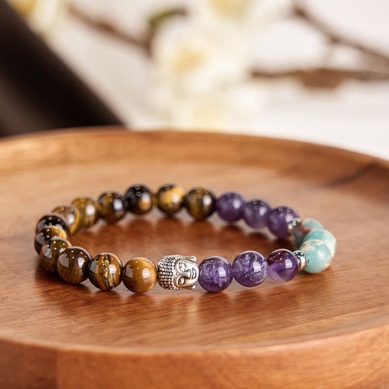 Multi-Gemstone Buddha Bracelet – amethyst lapis turquoise beads close-up, vibrant colors