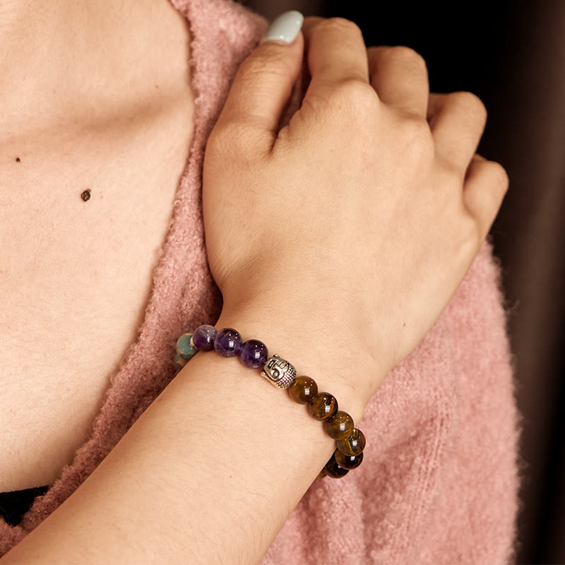Multi-Gemstone Buddha Bracelet – hand holding showing scale and bead size variety