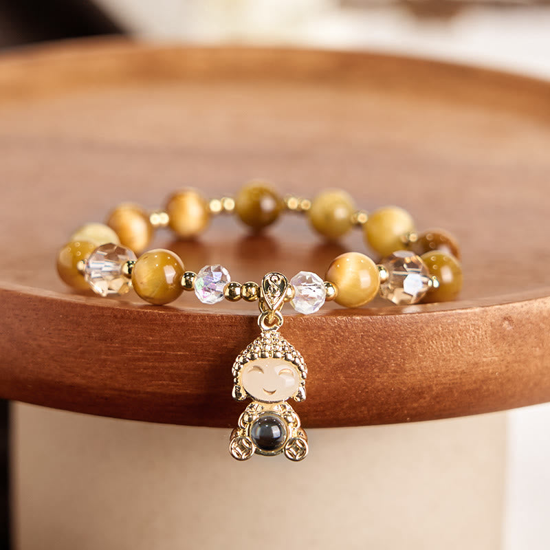 Yellow Tiger Eye Buddha Bracelet – golden beads with Buddha head centerpiece, stretch fit