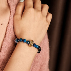Om Mani Padme Hum Bracelet - Blue and black beaded bracelet worn on wrist, mens healing stone jewelry