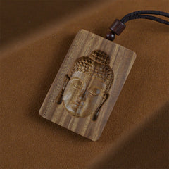 Green Sandalwood Buddha Necklace – carved wood Buddha pendant on black cord, spiritual jewelry