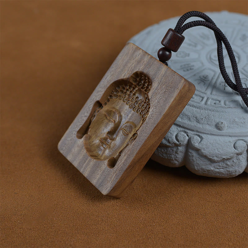 Green Sandalwood Buddha Necklace – hand holding carved wood charm, healing energy gift