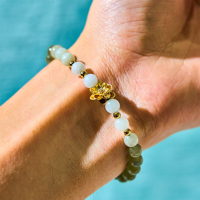 Natural Hetian Jade Gradient Lotus Bracelet – green-to-white jade beads with gold lotus charm on wrist, abundance