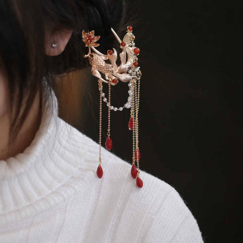 Chinese Koi Fish Hairpin – phoenix hairpin worn in dark hair, red agate pearls tassels, ceremonial, gold