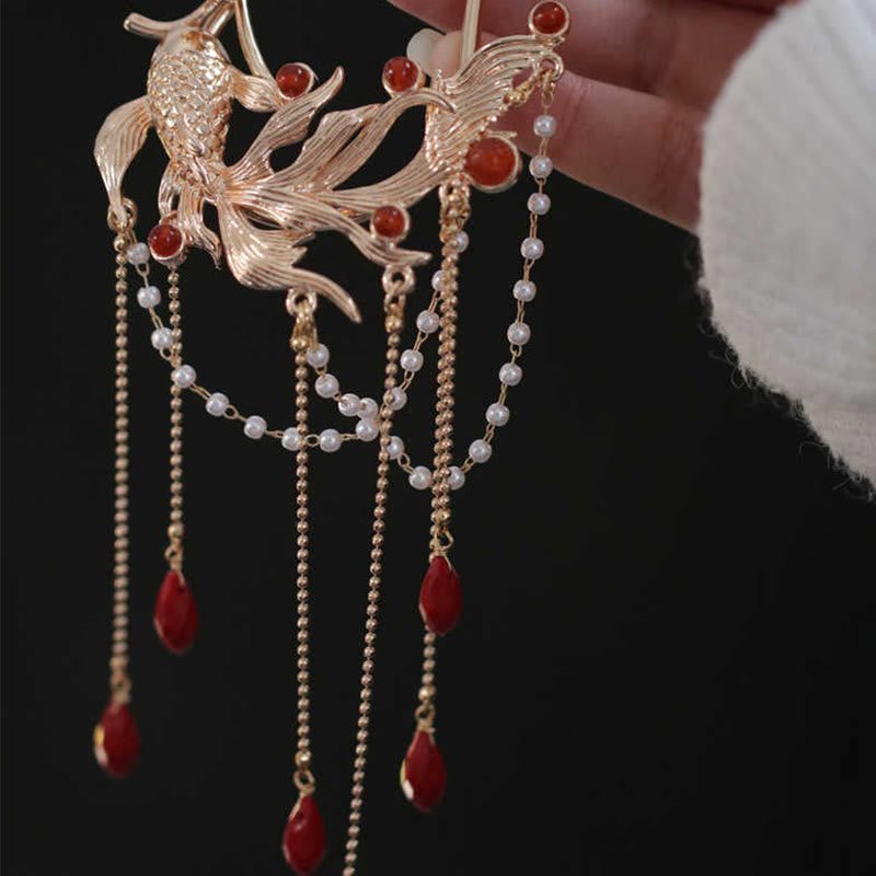 Chinese Koi Fish Hairpin – koi fish hairpin vertical, asymmetrical pearl chains, red drops, gold tone