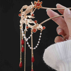 Chinese Koi Fish Hairpin – single koi fish hairpin, double prong, red teardrop pendants, gold tone, elegant