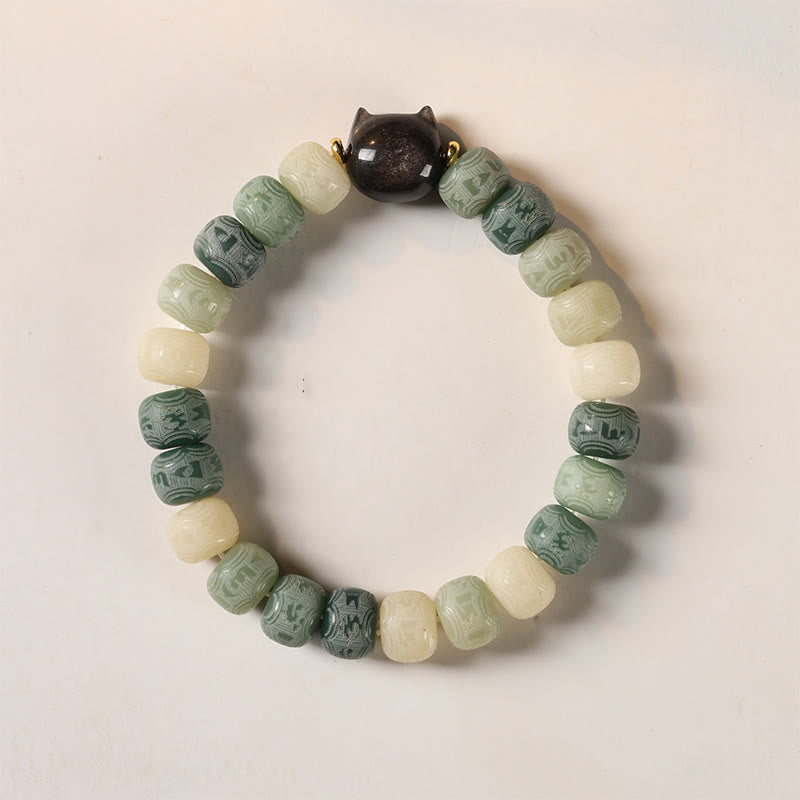 Bodhi Seed Silver Sheen Obsidian Cat Head Wisdom Bracelet – green bead variant top view, nature inspired