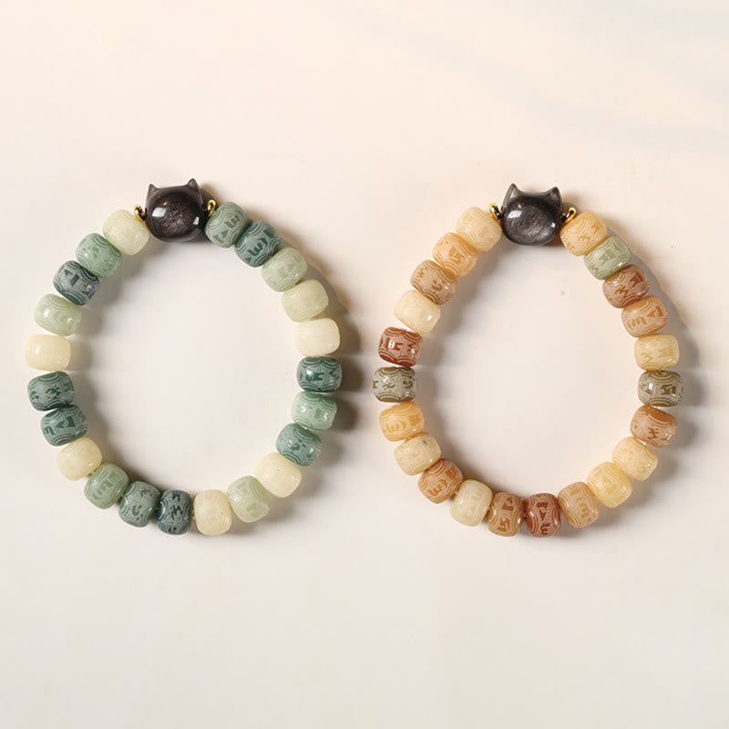 Bodhi Seed Silver Sheen Obsidian Cat Head Wisdom Bracelet – two color variants side by side, duo collection