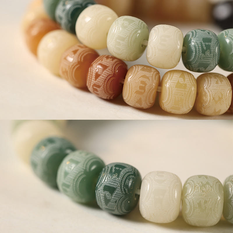 Bodhi Seed Silver Sheen Obsidian Cat Head Wisdom Bracelet – dual color macro bead detail, crafted harmony